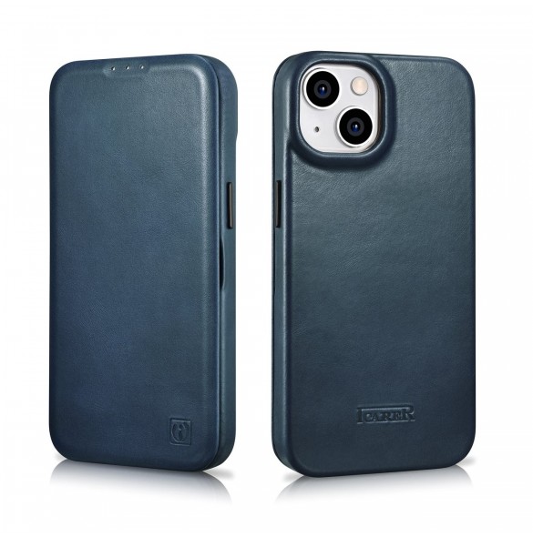 iCarer CE Oil Wax Premium Leather Folio Case iPhone 14 Plus magnetiskt flipfodral MagSafe blå (AKI14220707-BU)