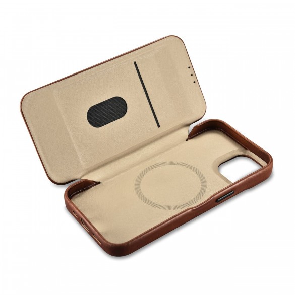 iCarer CE Oil Wax Premium Läder Foliofodral iPhone 14 Plus magnetiskt flipfodral MagSafe brun (AKI14220707-BN)
