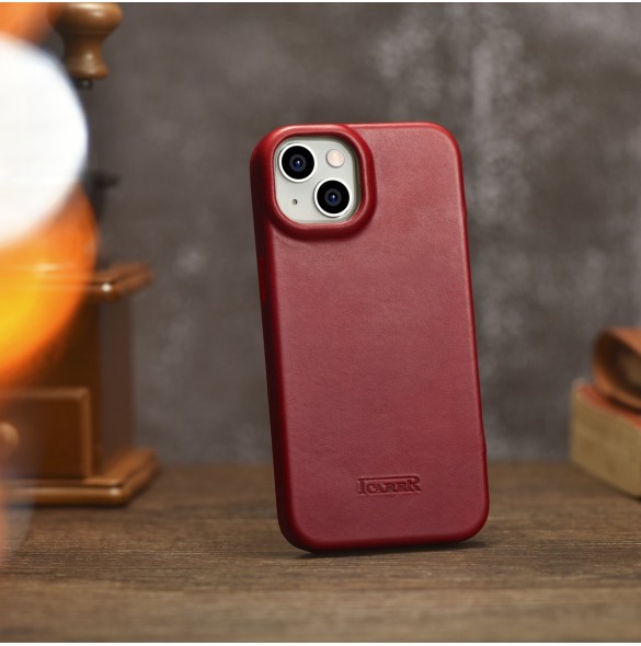 iCarer CE Oil Wax Premium Leather Folio Fodral iPhone 14 Plus Magnetic Flip Leather Folio Fodral MagSafe Röd (AKI14220707-RD)