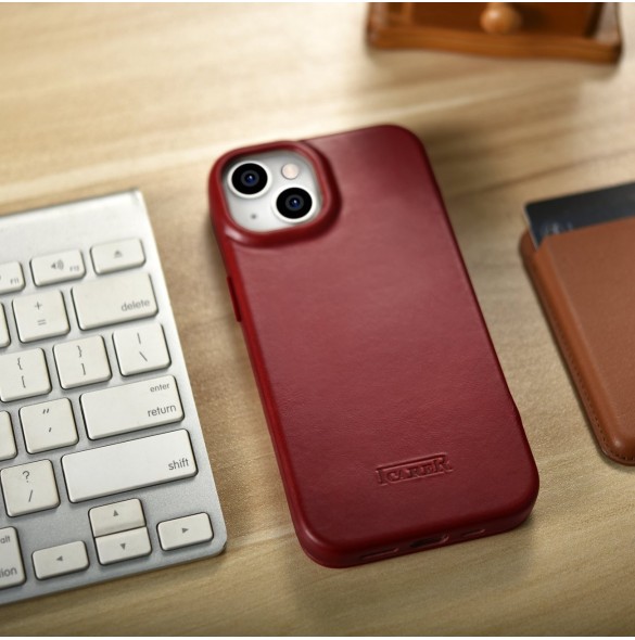 iCarer CE Oil Wax Premium Leather Folio Fodral iPhone 14 Plus Magnetic Flip Leather Folio Fodral MagSafe Röd (AKI14220707-RD)