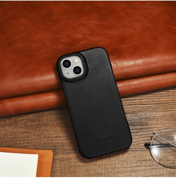 iCarer CE Oil Wax Premium Leather Folio Case Läderfodral iPhone 14 Plus Magnetic Flip MagSafe Black (AKI14220707-BK)