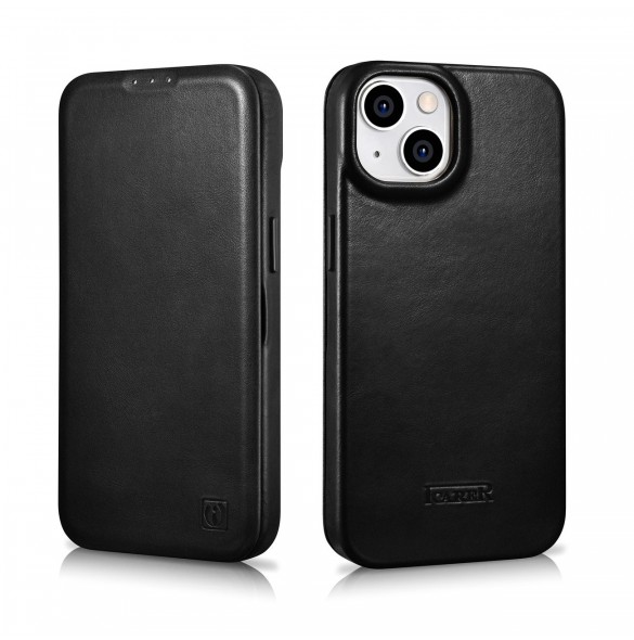 iCarer CE Oil Wax Premium Leather Folio Case Läderfodral iPhone 14 Plus Magnetic Flip MagSafe Black (AKI14220707-BK)