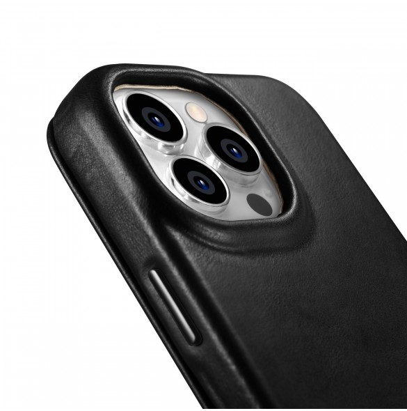iCarer CE Oil Wax Premium Leather Folio Case Läderfodral iPhone 14 Pro Magnetic Flip MagSafe Black (AKI14220706-BK)