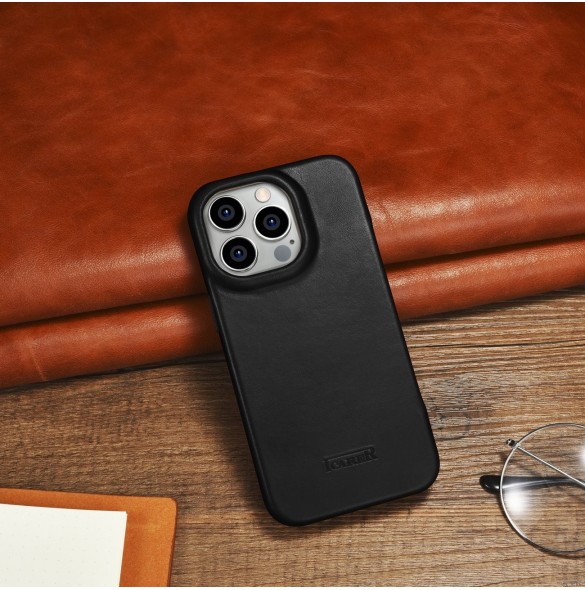 iCarer CE Oil Wax Premium Leather Folio Case Läderfodral iPhone 14 Pro Magnetic Flip MagSafe Black (AKI14220706-BK)