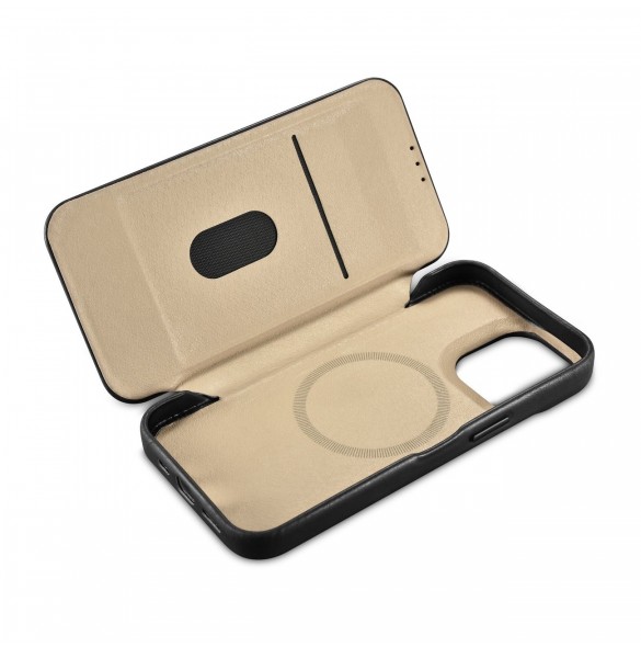 iCarer CE Oil Wax Premium Leather Folio Case Läderfodral iPhone 14 Pro Magnetic Flip MagSafe Black (AKI14220706-BK)