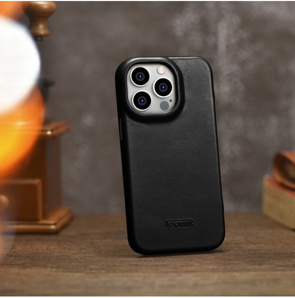 iCarer CE Oil Wax Premium Leather Folio Case Läderfodral iPhone 14 Pro Magnetic Flip MagSafe Black (AKI14220706-BK)