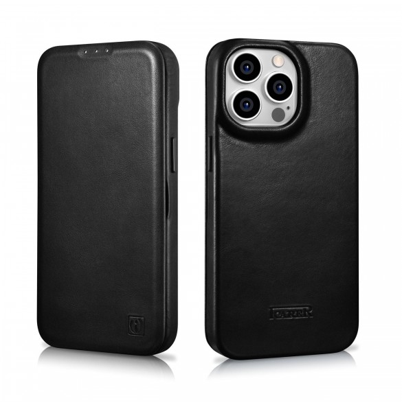 iCarer CE Oil Wax Premium Leather Folio Case Läderfodral iPhone 14 Pro Magnetic Flip MagSafe Black (AKI14220706-BK)