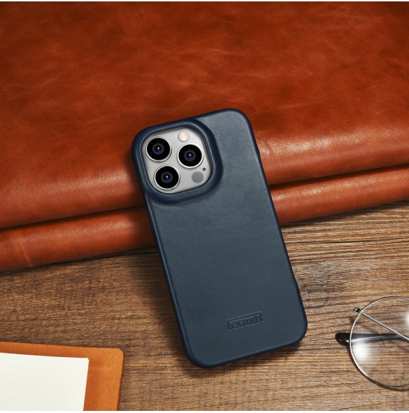 iCarer CE Oil Wax Premium Leather Folio Case Läderfodral iPhone 14 Pro Magnetic Flip MagSafe Blue (AKI14220706-BU)
