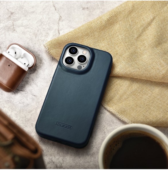 iCarer CE Oil Wax Premium Leather Folio Case Läderfodral iPhone 14 Pro Magnetic Flip MagSafe Blue (AKI14220706-BU)
