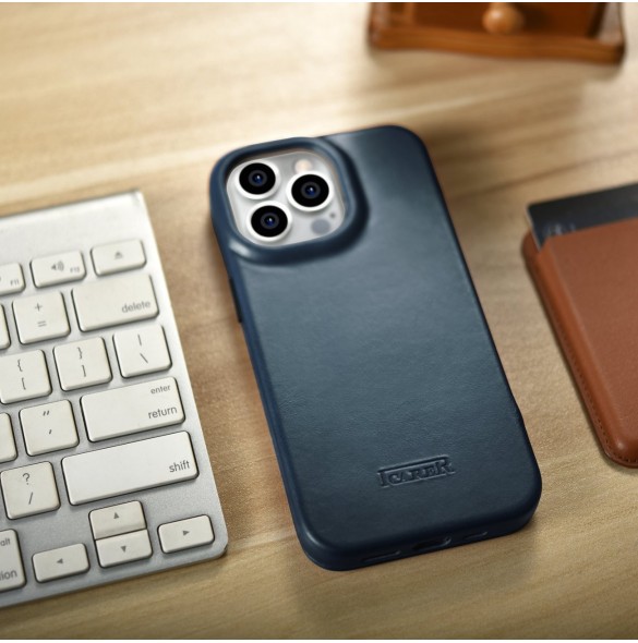 iCarer CE Oil Wax Premium Leather Folio Case Läderfodral iPhone 14 Pro Magnetic Flip MagSafe Blue (AKI14220706-BU)