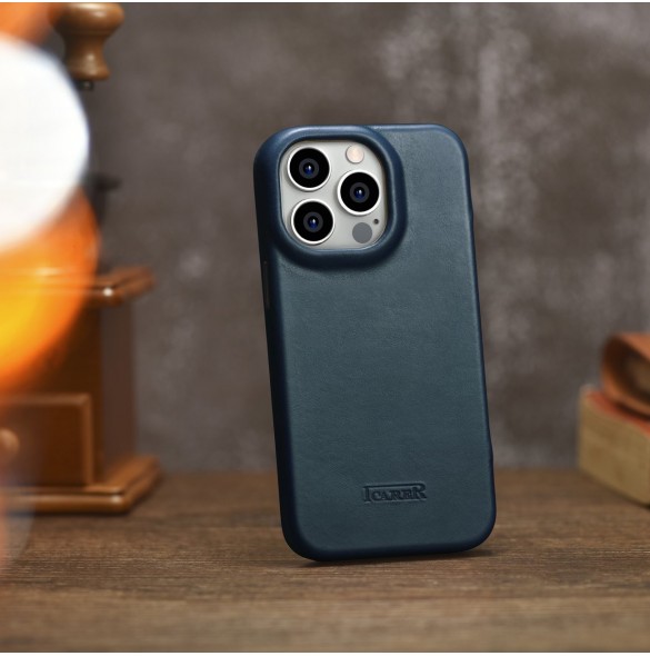 iCarer CE Oil Wax Premium Leather Folio Case Läderfodral iPhone 14 Pro Magnetic Flip MagSafe Blue (AKI14220706-BU)