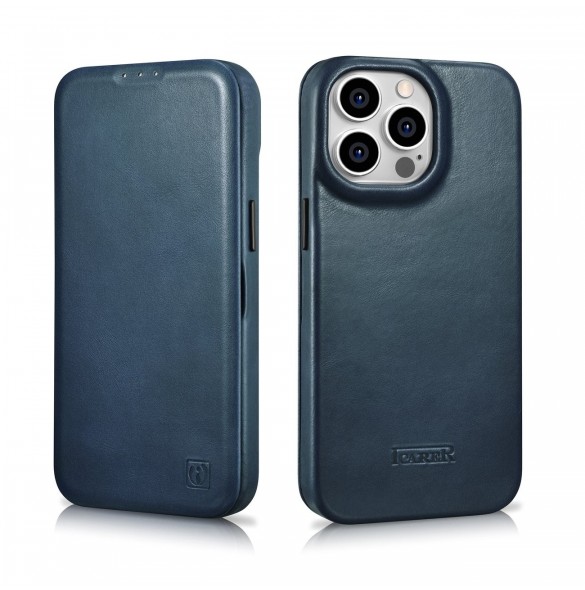 iCarer CE Oil Wax Premium Leather Folio Case Läderfodral iPhone 14 Pro Magnetic Flip MagSafe Blue (AKI14220706-BU)
