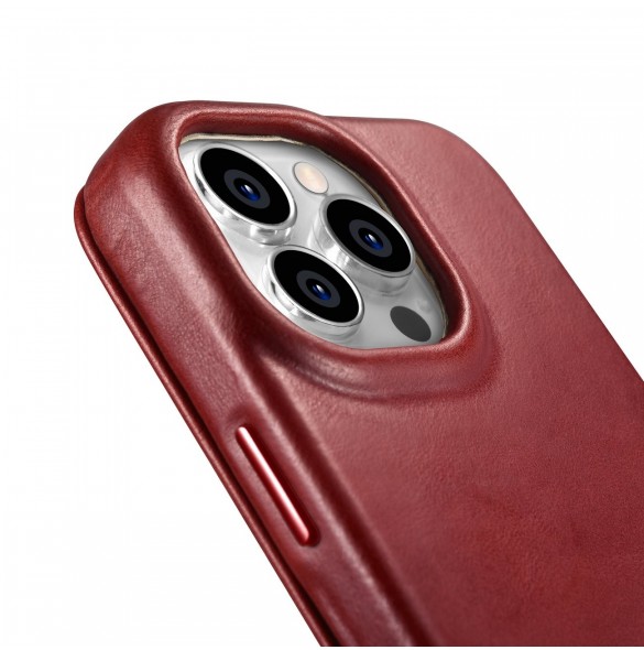 iCarer CE Oil Wax Premium Leather Folio Case Läderfodral iPhone 14 Pro Max Magnetic Flip MagSafe Röd (AKI14220708-RD)
