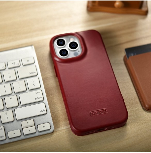 iCarer CE Oil Wax Premium Leather Folio Case Läderfodral iPhone 14 Pro Max Magnetic Flip MagSafe Röd (AKI14220708-RD)