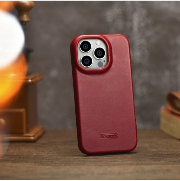 iCarer CE Oil Wax Premium Leather Folio Case Läderfodral iPhone 14 Pro Max Magnetic Flip MagSafe Röd (AKI14220708-RD)