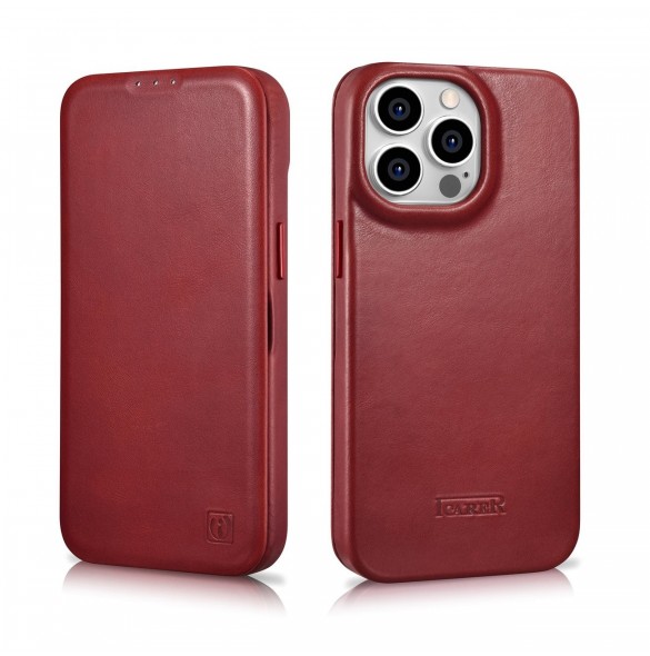 iCarer CE Oil Wax Premium Leather Folio Case Läderfodral iPhone 14 Pro Max Magnetic Flip MagSafe Röd (AKI14220708-RD)