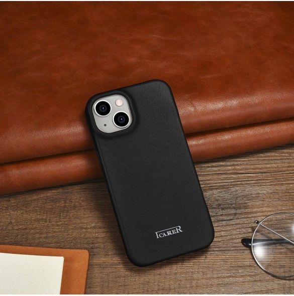 iCarer CE Premium Leather Folio Fodral iPhone 14 Plus Magnetic Flip Leather Folio Fodral MagSafe svart (WMI14220715-BK)