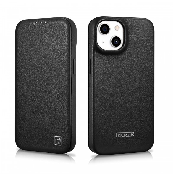 iCarer CE Premium Leather Folio Fodral iPhone 14 Plus Magnetic Flip Leather Folio Fodral MagSafe svart (WMI14220715-BK)