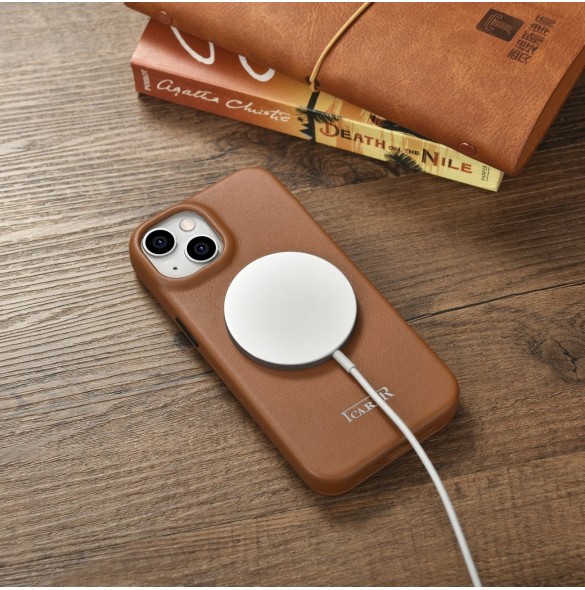 iCarer CE Premium Leather Folio Case iPhone 14 Plus Magnetic Flip Leather Folio Case MagSafe Brown (WMI14220715-BN)