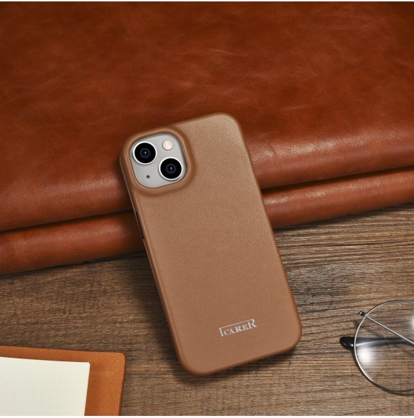iCarer CE Premium Leather Folio Case iPhone 14 Plus Magnetic Flip Leather Folio Case MagSafe Brown (WMI14220715-BN)