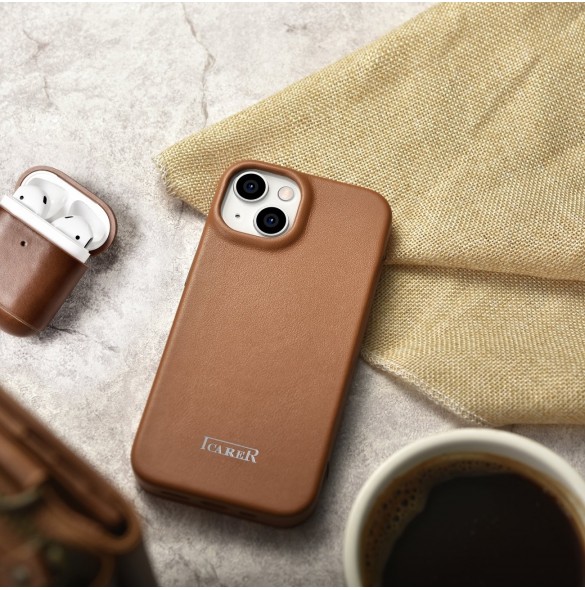 iCarer CE Premium Leather Folio Case iPhone 14 Plus Magnetic Flip Leather Folio Case MagSafe Brown (WMI14220715-BN)