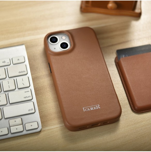 iCarer CE Premium Leather Folio Case iPhone 14 Plus Magnetic Flip Leather Folio Case MagSafe Brown (WMI14220715-BN)
