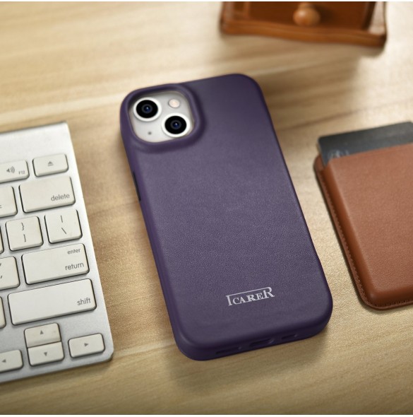 iCarer CE Premium Leather Folio Case iPhone 14 Plus Magnetic Flip Leather Folio Case MagSafe Dark Purple (WMI14220715-DP)