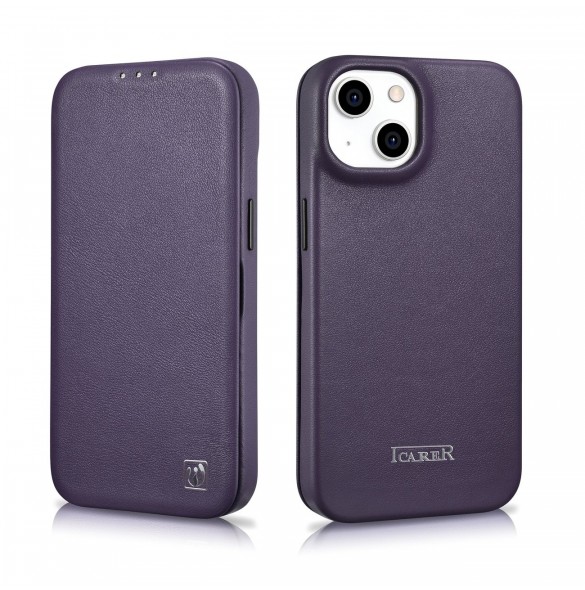 iCarer CE Premium Leather Folio Case iPhone 14 Plus Magnetic Flip Leather Folio Case MagSafe Dark Purple (WMI14220715-DP)
