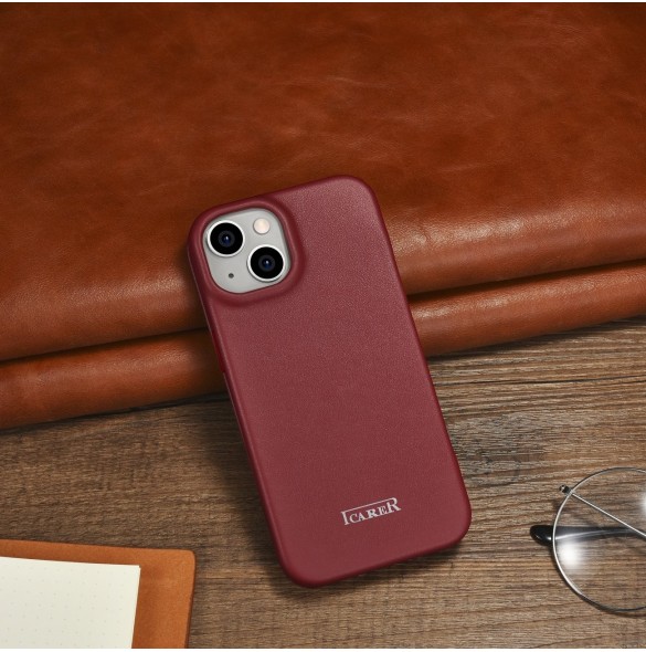 iCarer CE Premium Leather Folio Fodral iPhone 14 Plus Magnetic Flip Leather Folio Fodral MagSafe Röd (WMI14220715-RD)