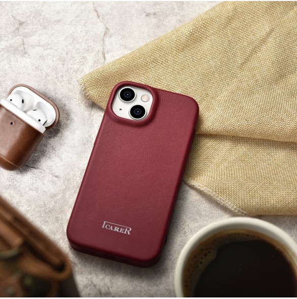 iCarer CE Premium Leather Folio Fodral iPhone 14 Plus Magnetic Flip Leather Folio Fodral MagSafe Röd (WMI14220715-RD)