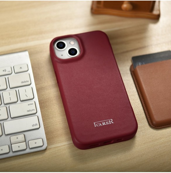 iCarer CE Premium Leather Folio Fodral iPhone 14 Plus Magnetic Flip Leather Folio Fodral MagSafe Röd (WMI14220715-RD)