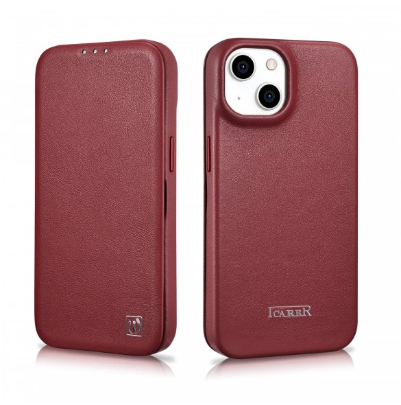 iCarer CE Premium Leather Folio Fodral iPhone 14 Plus Magnetic Flip Leather Folio Fodral MagSafe Röd (WMI14220715-RD)