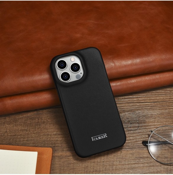 iCarer CE Premium Leather Folio Fodral iPhone 14 Pro Magnetic Flip Leather Folio Fodral MagSafe svart (WMI14220714-BK)