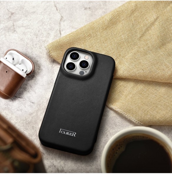 iCarer CE Premium Leather Folio Fodral iPhone 14 Pro Magnetic Flip Leather Folio Fodral MagSafe svart (WMI14220714-BK)