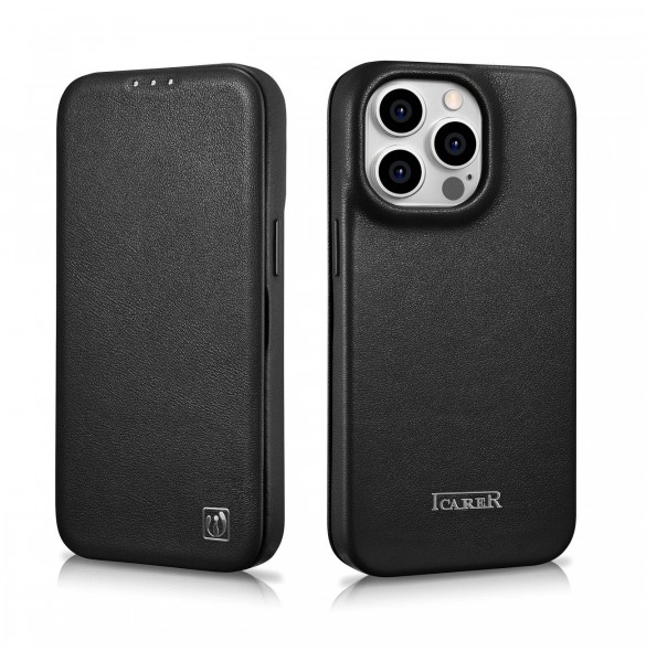 iCarer CE Premium Leather Folio Fodral iPhone 14 Pro Magnetic Flip Leather Folio Fodral MagSafe svart (WMI14220714-BK)