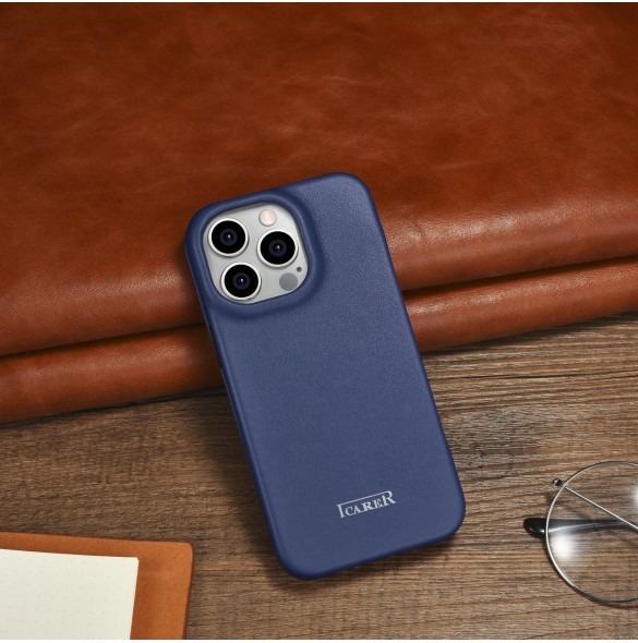 iCarer CE Premium Leather Folio Case iPhone 14 Pro Magnetic Flip Leather Folio Case MagSafe Blue (WMI14220714-BU)