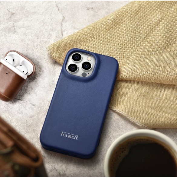 iCarer CE Premium Leather Folio Case iPhone 14 Pro Magnetic Flip Leather Folio Case MagSafe Blue (WMI14220714-BU)