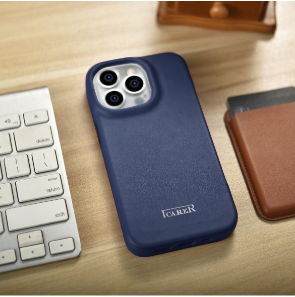 iCarer CE Premium Leather Folio Case iPhone 14 Pro Magnetic Flip Leather Folio Case MagSafe Blue (WMI14220714-BU)