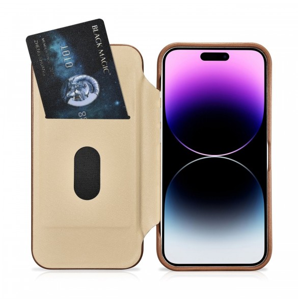 iCarer CE Premium Leather Folio Fodral iPhone 14 Pro Magnetic Flip Leather Folio Fodral MagSafe brun (WMI14220714-BN)