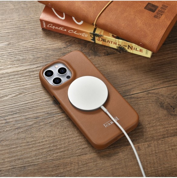 iCarer CE Premium Leather Folio Fodral iPhone 14 Pro Magnetic Flip Leather Folio Fodral MagSafe brun (WMI14220714-BN)