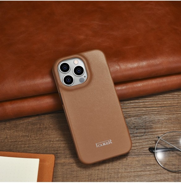 iCarer CE Premium Leather Folio Fodral iPhone 14 Pro Magnetic Flip Leather Folio Fodral MagSafe brun (WMI14220714-BN)