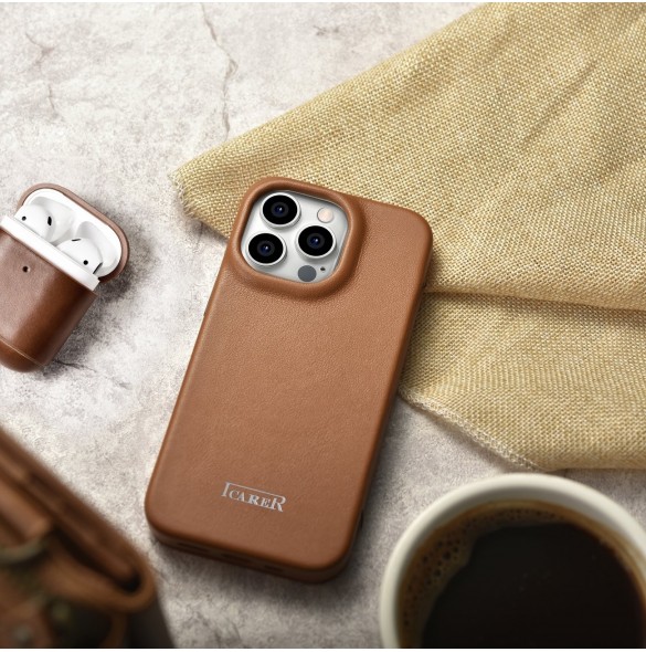 iCarer CE Premium Leather Folio Fodral iPhone 14 Pro Magnetic Flip Leather Folio Fodral MagSafe brun (WMI14220714-BN)