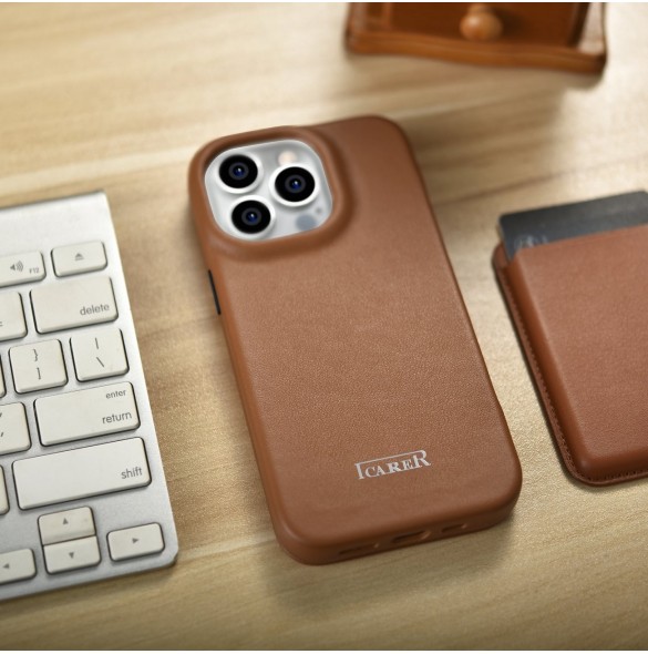 iCarer CE Premium Leather Folio Fodral iPhone 14 Pro Magnetic Flip Leather Folio Fodral MagSafe brun (WMI14220714-BN)