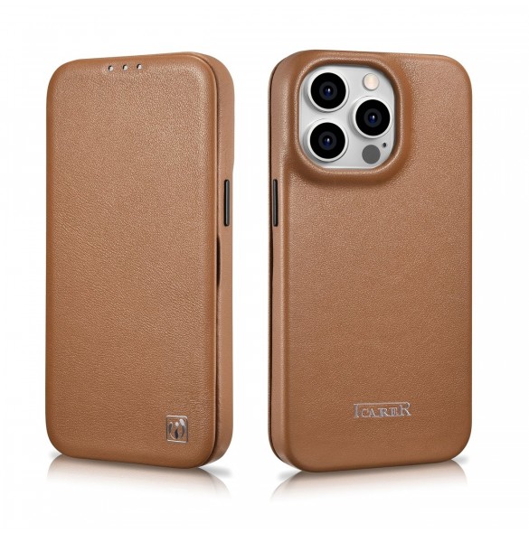 iCarer CE Premium Leather Folio Fodral iPhone 14 Pro Magnetic Flip Leather Folio Fodral MagSafe brun (WMI14220714-BN)