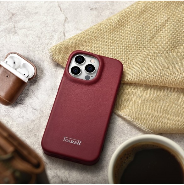 iCarer CE Premium Leather Folio Case iPhone 14 Pro Max Magnetic Flip Cover MagSafe Röd (WMI14220716-RD)