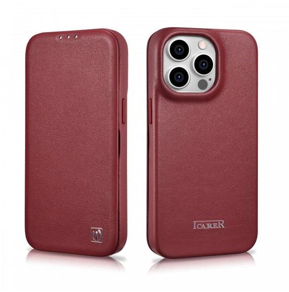iCarer CE Premium Leather Folio Case iPhone 14 Pro Max Magnetic Flip Cover MagSafe Röd (WMI14220716-RD)