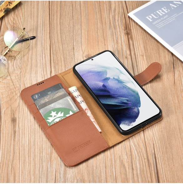 iCarer Haitang Läderplånboksfodral Läderfodral för Samsung Galaxy S22 + (S22 Plus) Plånboksfodral Brun (AKSM05BN)
