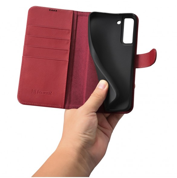 iCarer Haitang Läderplånboksfodral Läderfodral för Samsung Galaxy S22 + (S22 Plus) Plånboksfodral Röd (AKSM05RD)