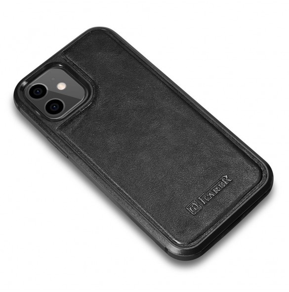 iCarer Leather Oil Wax fodral täckt med naturligt läder för iPhone 12 mini svart (ALI1204-BK)