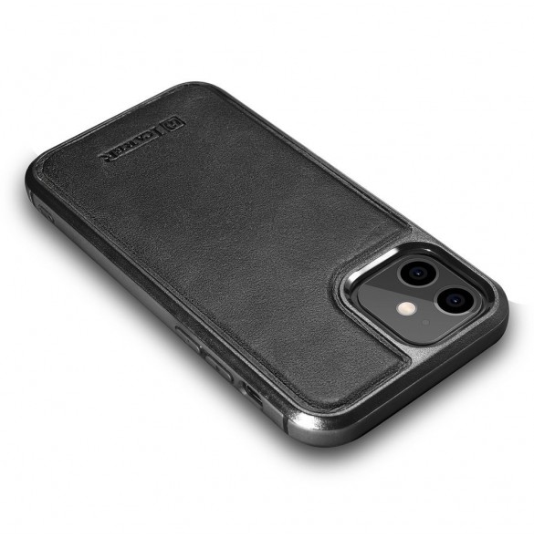 iCarer Leather Oil Wax fodral täckt med naturligt läder för iPhone 12 mini svart (ALI1204-BK)